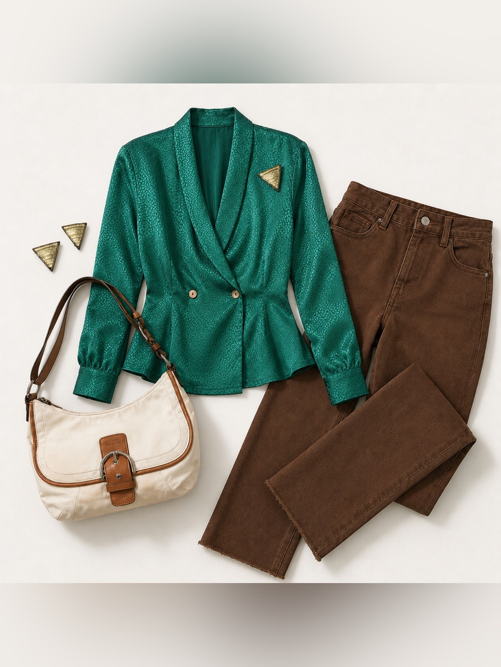 Vintage Emerald Satin Outfit Capsule Coach Soho Bag Brown GAP Jeans S/M 28